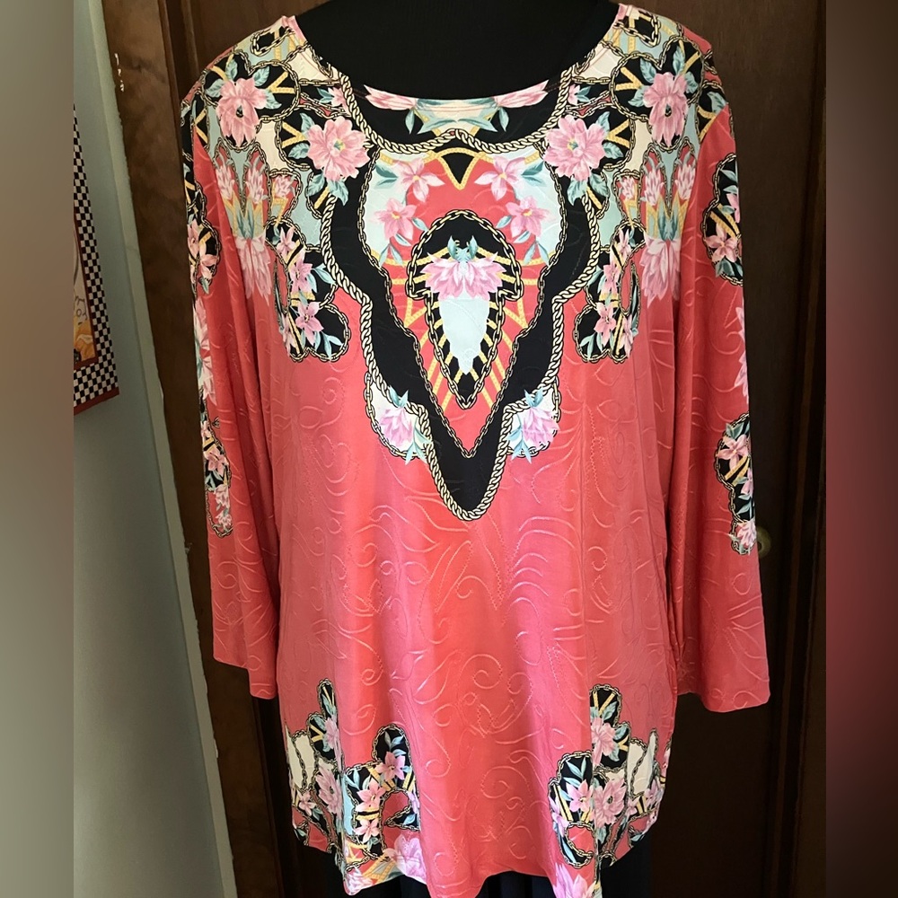 JM Collection Floral Status Medallion Print Chrysanthemum Jacquard Tunic Large